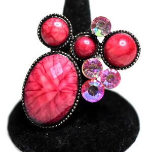 Enchanting Faux Coral Rhinestone Silver Tone Cocktail Adjustable OSFA Ring